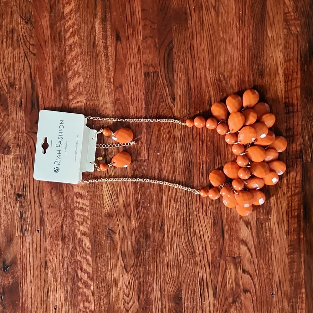 Riah Fashion Beaded Orange Necklace Earrings Set